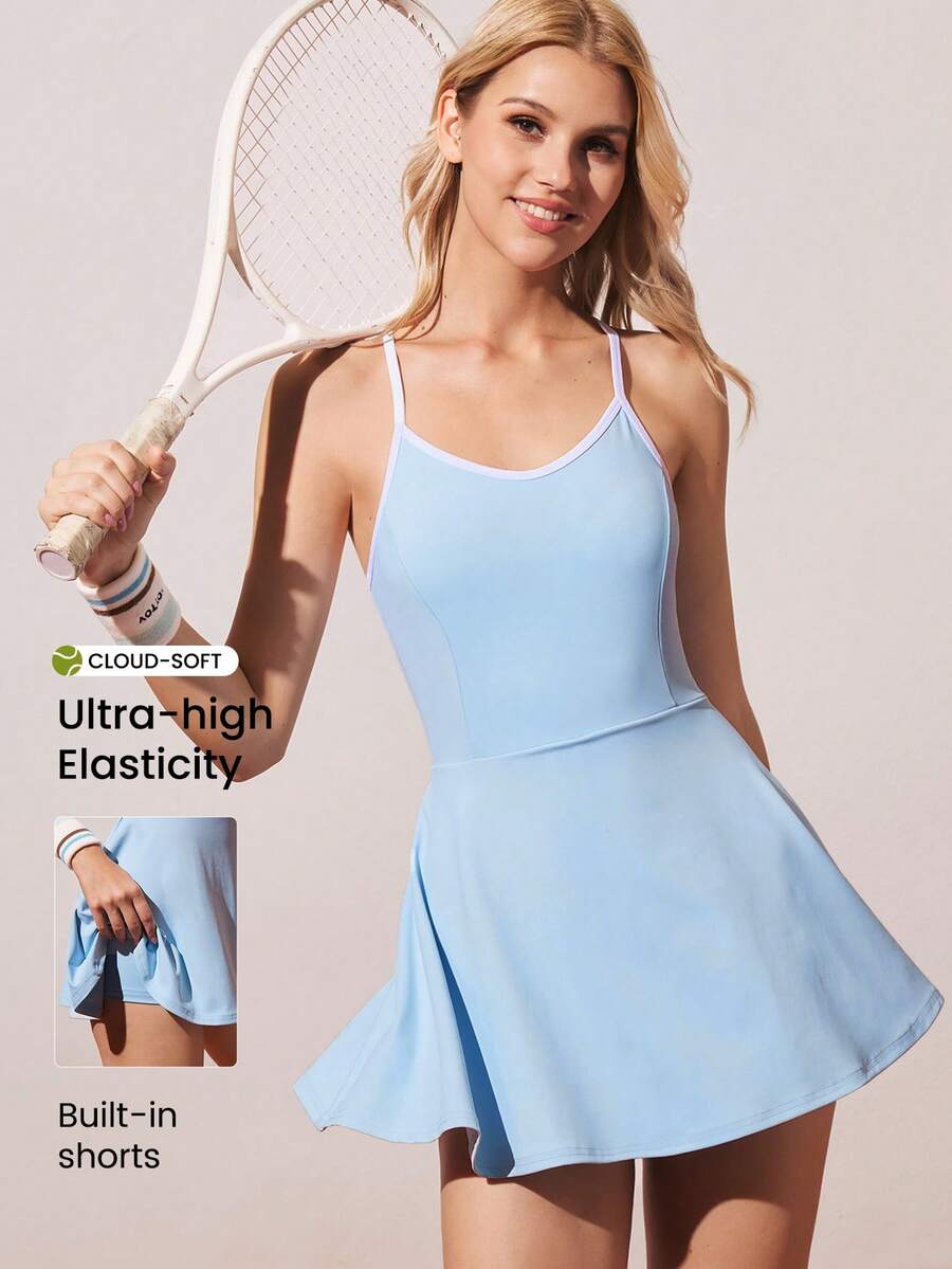 CourtClass 夏季撞色滚边交叉后背带运动连衣裙 - 藍色 - 查看 1