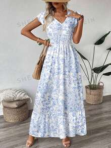 Easowa Đầm chữ A tay ngắn cổ chữ V, viền bèo nhún, kiểu dáng thường ngày, thích hợp cho kỳ nghỉ của phụ nữ. - Xanh và trắng - Xem 7