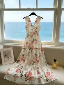 GlowEve Sleeveless V-Neck Printed Dress, Elegant Design Women's Long Dress, Summer Holiday Vacation Dress, Beach Outfit - Multicolor - View 2