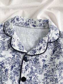 女婴藏蓝色可爱小熊蝴蝶结印花柔软纯棉两件套睡衣 - 长袖上衣和裤子 - 藏蓝色 - 查看 4