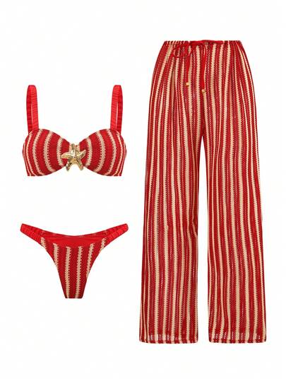 Swim Oasis Conjunto de Maiô Bikini Sexy Listrado com Costas Abertas e Alças Grossas, Parte de Baixo com Amarração na Cintura e Perna Reta, Conjunto de Maiô de 3 Peças de Alta Qualidade para Férias na Praia, Primavera/Verão/Outono