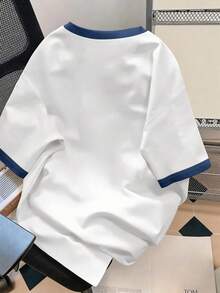 Manfinity Joysei 复古美式拼接海豚印花，蓝白撞色袖口和领口，宽松小众设计圆领T恤，男女皆宜 - 彩色 - 查看 2