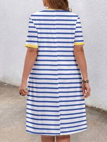 EMERY ROSE Plus Size Women Casual Round Neck Striped Short Sleeve Dress - Multicolor - View 2
