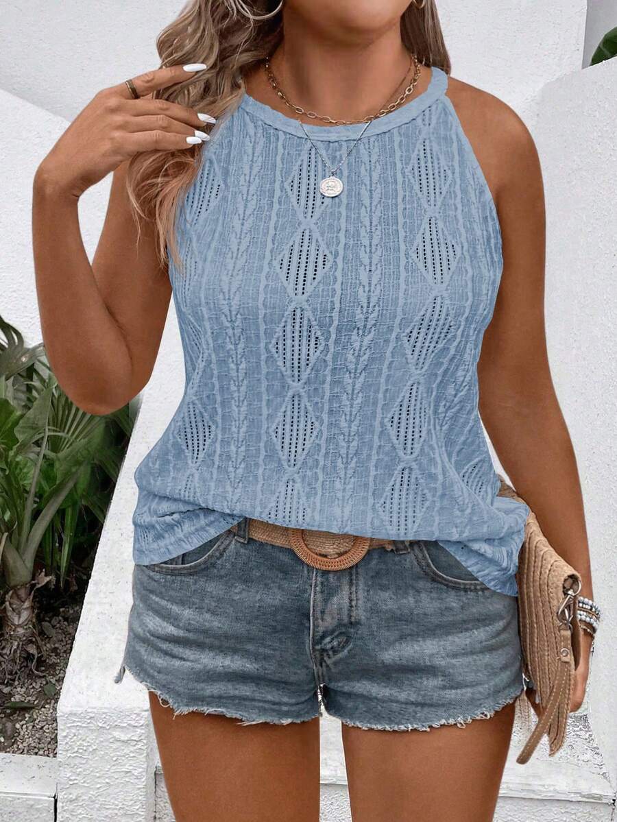 EMERY ROSE Women's Plus Size Diamond Jacquard Spaghetti Strap White Tank Top & Camisole, Summer - Blue - View 1
