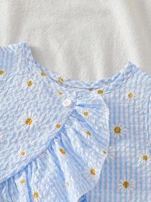 女童夏季新款简约休闲两件套，雏菊印花天蓝色，无袖露脐上衣配荷叶边下摆和宽松阔腿裤，适合日常穿着、休闲外出、旅行和海滩。 - 藍色 - 查看 6