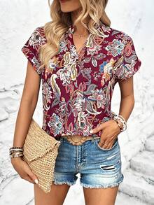 EMERY ROSE Women's V-Neck Allover Print Casual Versatile Daily Wear Shirt Boho Shirts Women Womens Shirts For Summer - Red - View 5