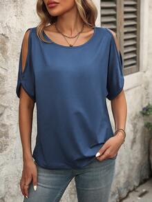 SHEIN PariChic Summer Casual Solid Color Off-Shoulder Short Sleeve T-Shirt - Blue - View 5