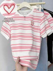 SHEIN 女士圆领刺绣T恤 - 圆领休闲上衣 - 轻薄T恤，适合所有季节 - 白色 - 查看 3