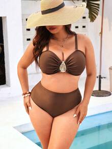 Swim Vcay 2026 New Plus Size Swimwear Set, Shiny Fabric Bandeau Top With Detachable Adjustable Straps, High-Waisted Swim Shorts, Sexy Beach Vacation Pool Outfit - Coffee Brown - View 5