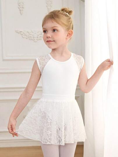 2 PiecesYoung Girls'Milk White Round Neck Raglan Sleeve Lace Leotard & Skirt High Elastic Soft Skin-Friendly Dance Wear For Training Performance Competition All Seasons