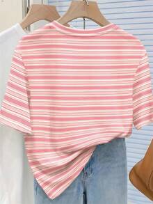 Striped Letter Print Round Neck Short Sleeve T-Shirt, Summer - White - View 2