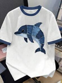 Manfinity Joysei 复古美式拼接海豚印花，蓝白撞色袖口和领口，宽松小众设计圆领T恤，男女皆宜 - 彩色 - 查看 3