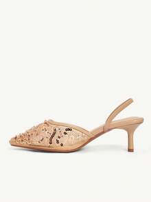 CUCCOO CHICEST Women's Embroidered Mesh Beaded Square Toe Mid-Heel Slip-On Pumps, Elegant Party Wear Stilettos - Apricot - View 10