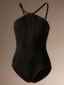 少女黑色吊带背心，高弹面料，交叉露背设计，优雅塑形紧身衣，适合日常芭蕾练习和搭配 - 黑色 - 查看 3