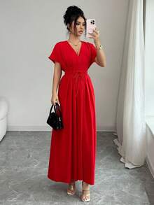 Elenzga New Spring/Summer Elegant Casual Beach Vacation Fashion V-Neck Pleated Drawstring Waist Dropped Shoulder Short Sleeve Flowy Midi Dress - Red - View 6