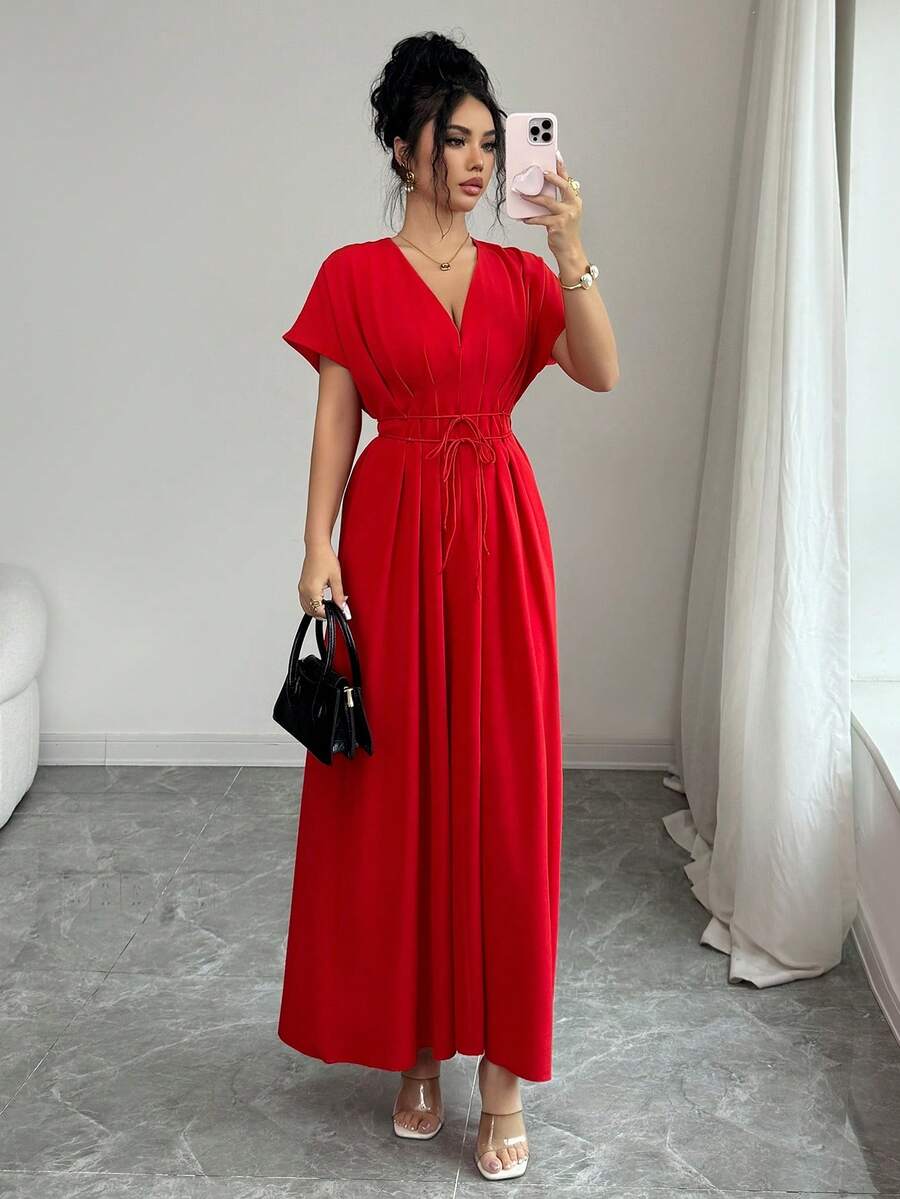 Elenzga New Spring/Summer Elegant Casual Beach Vacation Fashion V-Neck Pleated Drawstring Waist Dropped Shoulder Short Sleeve Flowy Midi Dress - Red - View 1