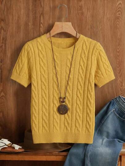 EMERY ROSE Blogger-Inspired Twist Rope Decor Round Neck Knit Sweater, Versatile, Autumn/Winter Yellow Tops Cute Yellow Top Mustard Top Knit Top Women Yellow Knit Top