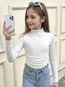 Camiseta básica de punto de unicolor con cuello fruncido para niña preadolescente, excelente para uso casual, diario y escolar en otoño e invierno - Blanco - Ver 1