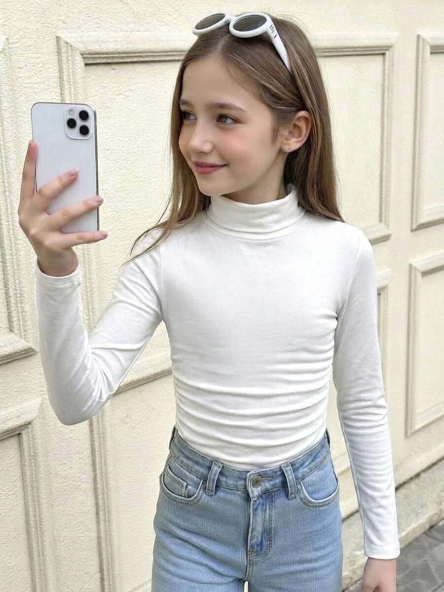 Camiseta básica de punto de unicolor con cuello fruncido para niña preadolescente, excelente para uso casual, diario y escolar en otoño e invierno - Blanco - Ver 1