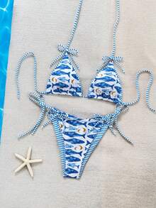 Swim Vcay 2件套新款吊带白色底蓝色鱼纹蝴蝶结性感女士坦克泳衣 - 彩色 - 查看 1