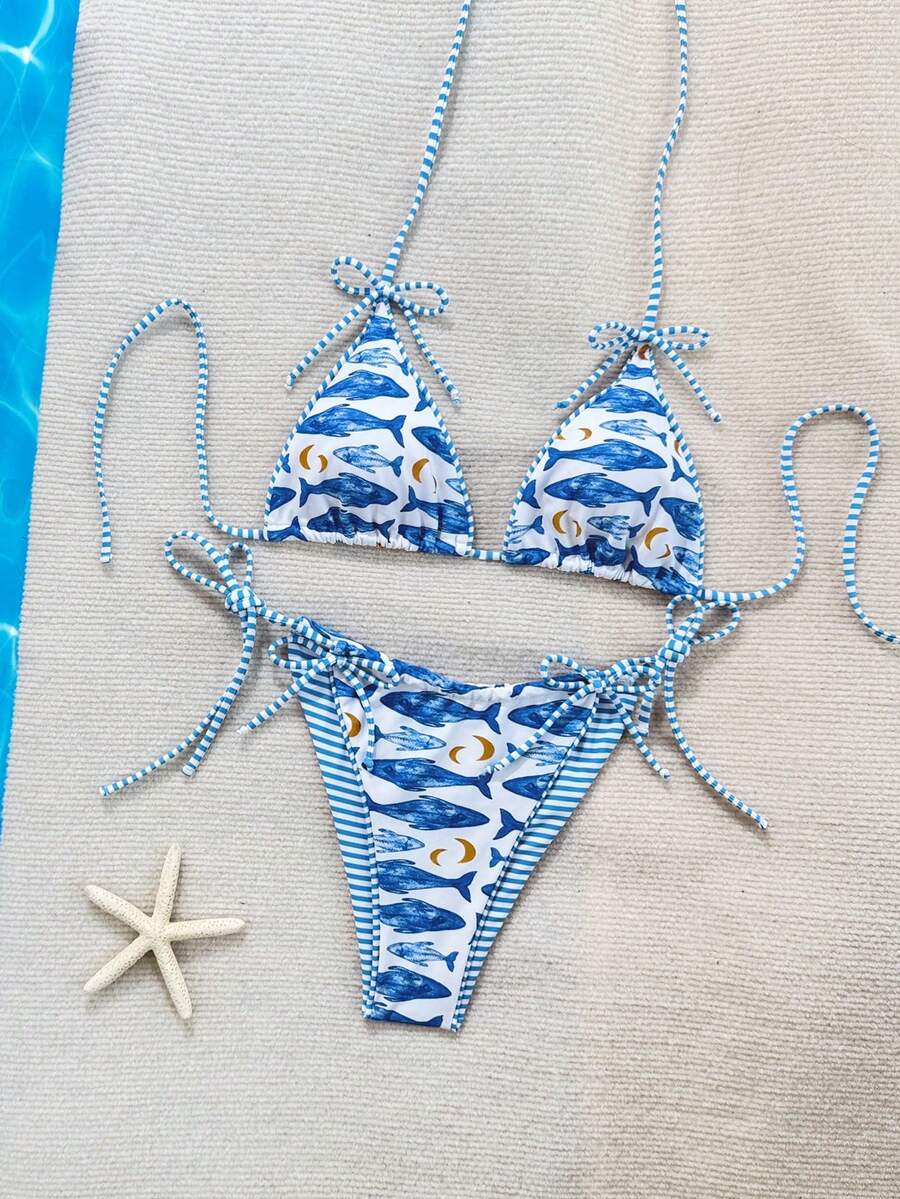 Swim Vcay 2件套新款吊带白色底蓝色鱼纹蝴蝶结性感女士坦克泳衣 - 彩色 - 查看 1