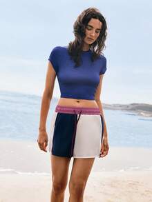 SHEIN Women's Low-Stretch Color Block Shorts - Navy Blue - View 5