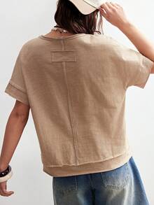 Bohemela 女士休闲纯色针织圆领宽松短袖T恤 - 卡其色 - 查看 5