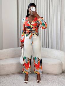 Xyvia Damen V-Ausschnitt Jumpsuit mit geraffter Taille, modischer Alltag Outfit - Verschiedenfarbig - Übersicht 8