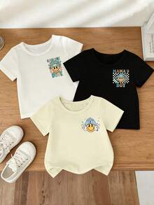 Bộ 3 món áo thun ngắn tay cổ tròn in chữ "MAMA'S BOY" cho bé trai, kiểu dáng thường ngày, họa tiết kẻ caro dễ thương, dành cho mùa hè. - Màu be - Xem 3
