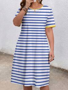 EMERY ROSE Plus Size Women Casual Round Neck Striped Short Sleeve Dress - Multicolor - View 4