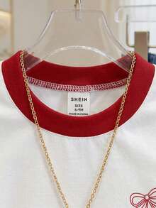 SHEIN Playful Pals 女婴樱桃蝴蝶结圆领短袖条纹T恤，婴幼儿服装，女童套头衫，女童T恤，婴幼儿上衣，适合春夏穿着，尺码6个月至3岁 - 紅白色 - 查看 6