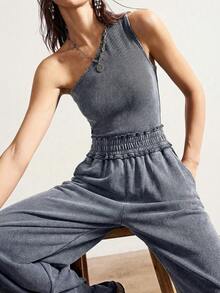 Bohemela Women's Casual Solid Color Asymmetric Collar Jumpsuit - Dark Grey - View 5