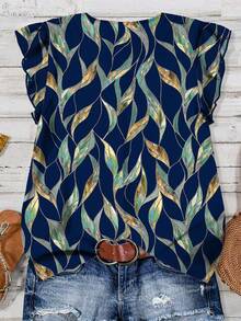 EMERY ROSE Plus Size Casual Plant Print Shirt, Suitable For Summer - Navy Blue - View 2