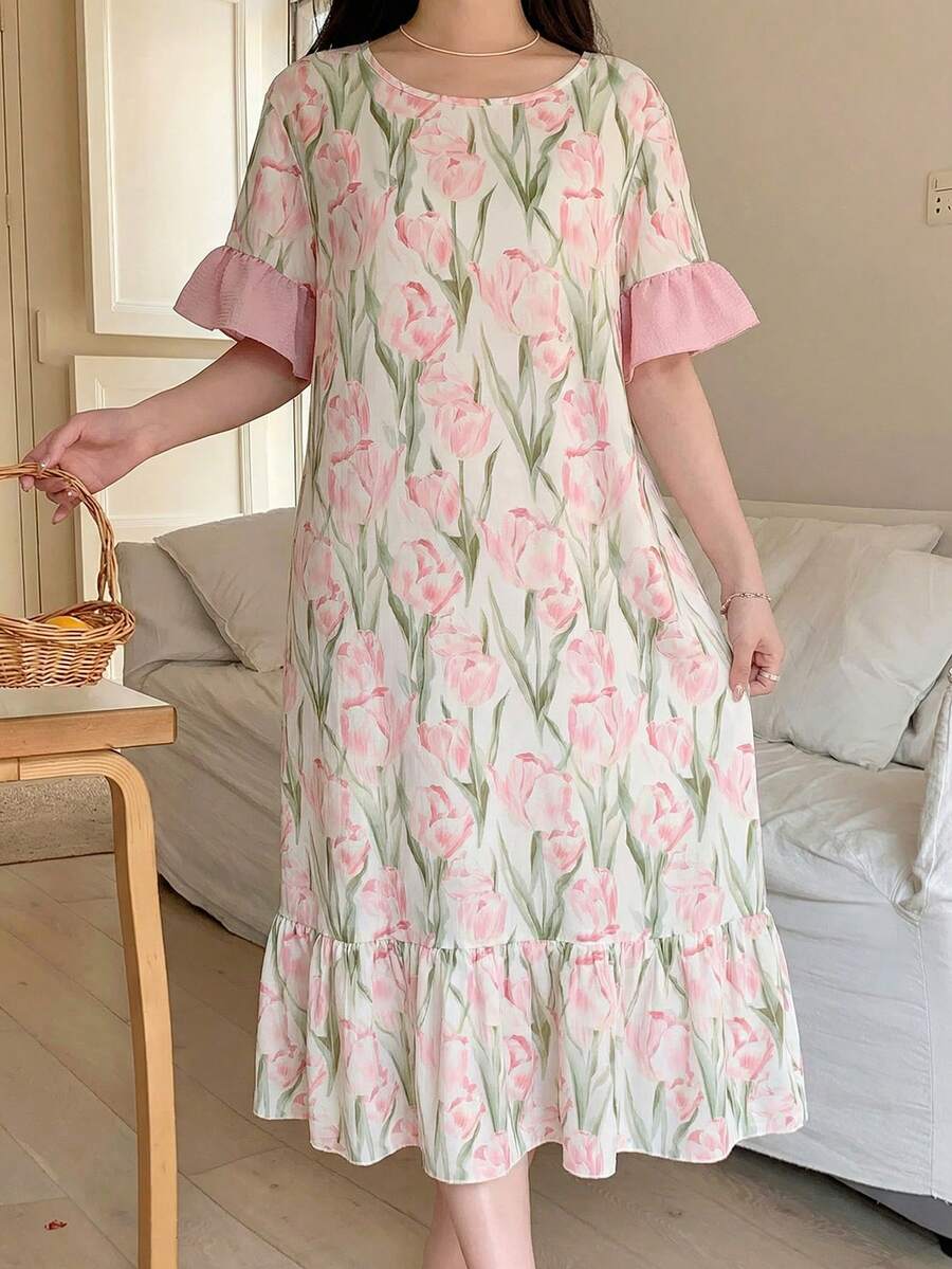 SHEIN 女童郁金香花朵图案宽松舒适圆领荷叶边下摆短袖睡裙,适合日常穿着,居家及户外活动,适合青少年女孩。 - 彩色 - 查看 1