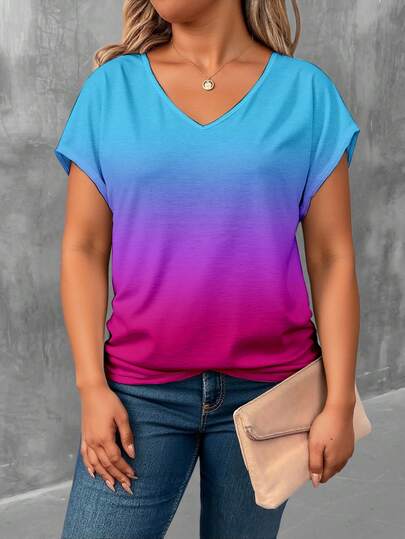 EMERY ROSE Plus Size Women's Summer V-Neck Batwing Sleeve Top, Ombre Print Comfortable Casual Vacation Blouse Clothes For Ladies Yoga Top Woman Dress