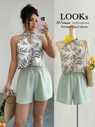 Elenzga Sleeveless Mandarin Collar Printed Elegant Casual Outgoing Holiday Daily Wear Top & Short Pants 2-Piece Set For Women