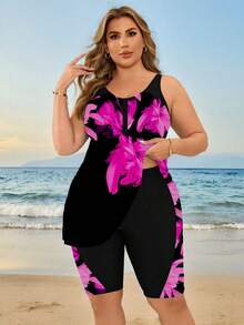 Swim Lushoire 大码女式印花保守款吊带泳衣，修身沙滩派对度假泳装，适合妈妈们穿着的大码吊带短裤泳衣，大码吊带泳衣，大码夏威夷连衣裙，大码夏季套装，大码泳装连衣裙，大码收腹两件套，女式大码夏季泳装，大码罩衫泳衣，女式沙滩装，女式大码泳衣，女式大码罩衫，大码女装，夏季服装，大码女式夏季套装 - 黑色 - 查看 4