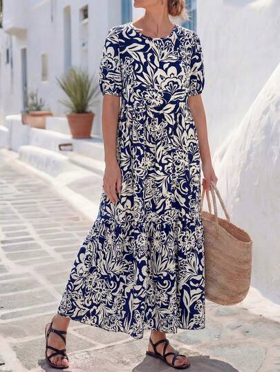 Breezaya Women's Casual Loose Ditsy Floral Petal Sleeve Swing Dress, Vintage Style For Spring & Summer Holiday Women Maxi Summer Dress Long Casual Dress Women Vacation Dress Casual Long Dress Long Summer Dress Summer Long Dress Maxi Casual Dress Summer Dress Summer Dresses For Women Womens Casual Dress Summer Outfit For Women