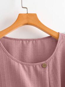 SHEIN LUNE CURVE Plus Size Striped Jacquard Linen-Like Short Sleeve Square Neck Casual Blouse For Women, Spring/Summer - Pink - View 4