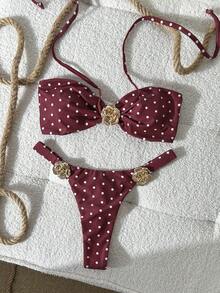 Swim Vcay Women's Random Floral Print Halter Metal Jewelry Bikini Set, Spring/Summer - Multicolor - View 1