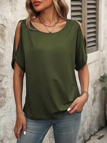 EMERY ROSE Áo thun tay ngắn trễ vai màu trơn, phong cách thường ngày mùa hè - xanh quân đội - Xem 5