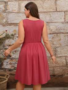 EMERY ROSE Plus Size Knit Camisole Dress With Round Ring Front Button Decor And Twist Detail, Casual - Redwood - View 2