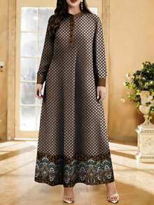 SHEIN Najma 女士标准尺码复古佩斯利花卉数码印花时尚纽扣领长袖连衣裙 - 彩色 - 查看 3