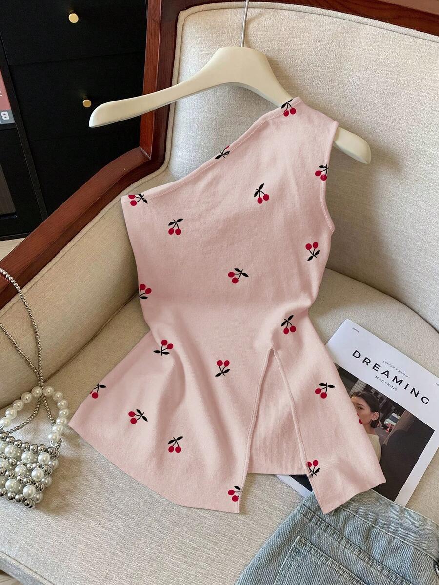 Resyla Áo hai dây nữ mùa xuân/hè mới về, in họa tiết quả anh đào, vạt bất đối xứng. - Nhiều màu - Xem 1
