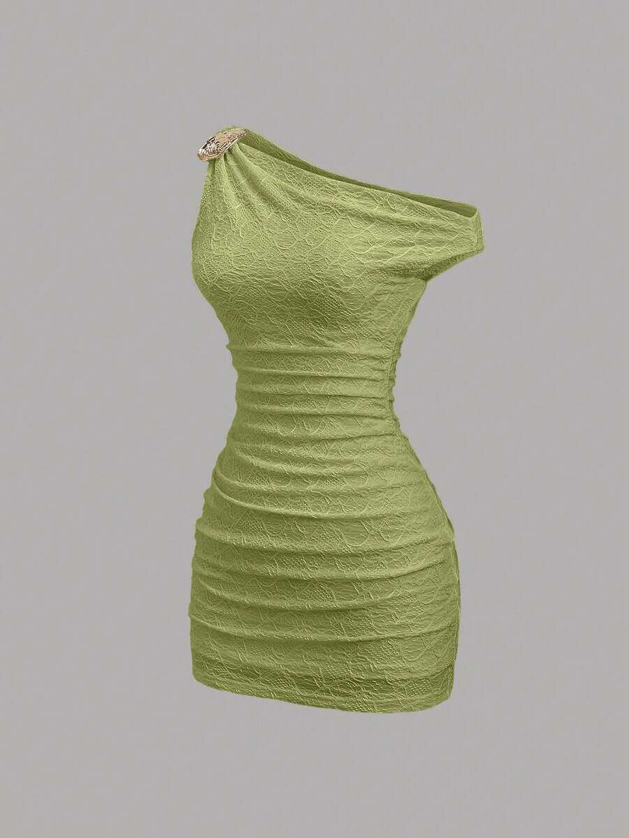 Sweetra Y2K Sexy Asymmetrical Shoulder Textured Fabric Pleated Vacation Dress - Green - View 1