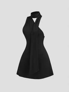 Sweetra Vestido negro de mujer con tirantes anudados en el hombro asimétrico para primavera/verano, vestido mini ajustado de unicolor y elegante con un toque de madurez - Negro - Ver 3