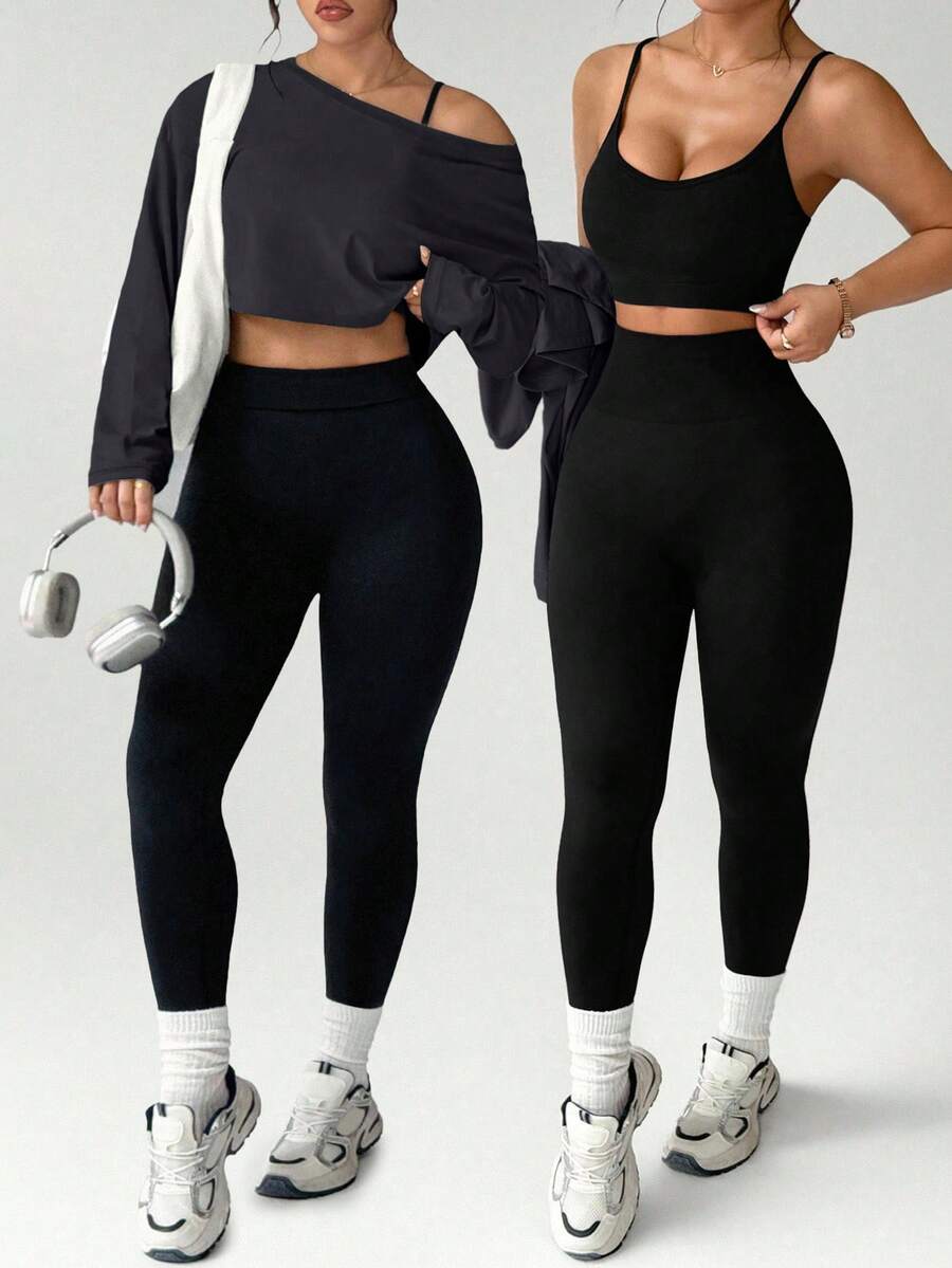 Rhythm Era Plus Size Black Seamless Camisole Long Sleeve Top And Pants Sports Suit Curve Leggings Women's Gym Wear Black Workout Set Athleisure For Women Gym Outfit For Women Women's Workout Set Black Activewear Set - Black - View 1