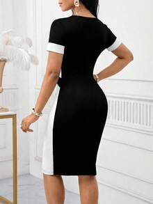 SHEIN Lady 优雅撞色修身通勤连衣裙，适合夏季 - 黑與白 - 查看 2