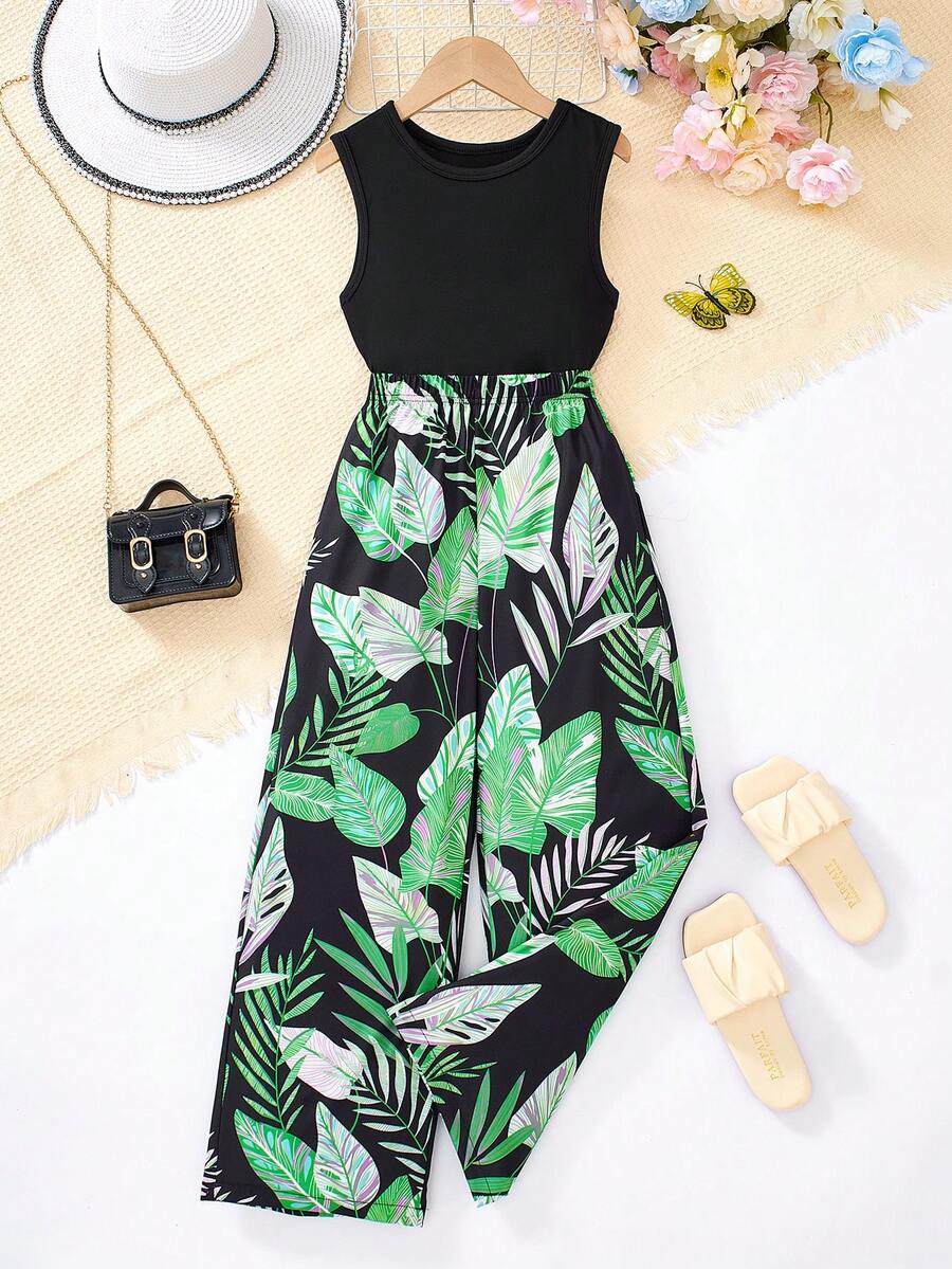 Sparklyn 2pcs Tween Girl Plain Crew Neck Sleeveless Top And Long Pants Set - Green - View 1