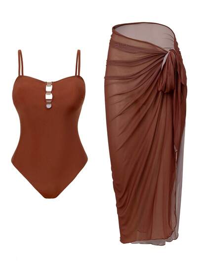 Swim Oasis Plus Size Women Metal Decor Camisole One-Piece Swimsuit And Skirt Set, Suitable For Beach Vacation, Pool Party, Beach Party